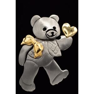 Ultra Craft Vintage Teddy Bear Pin Brooch Gold Heart Signed NOS 1980s BinBK